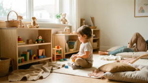 Chambre Montessori douce et lumineuse avec mobilier bas en bois, une ambiance apaisante, et un enfant qui explore tranquillement des jouets adaptés.
