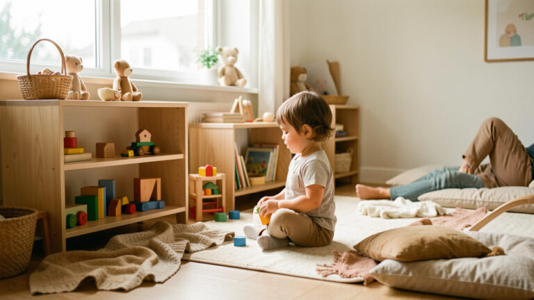 Chambre Montessori douce et lumineuse avec mobilier bas en bois, une ambiance apaisante, et un enfant qui explore tranquillement des jouets adaptés.