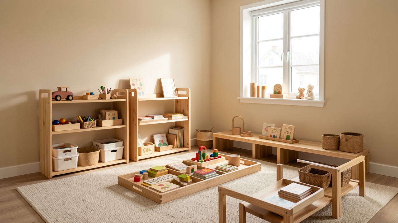 Chambre Montessori lumineuse avec meubles bas en bois, tapis doux et étagères ouvertes, dans une ambiance apaisante.
