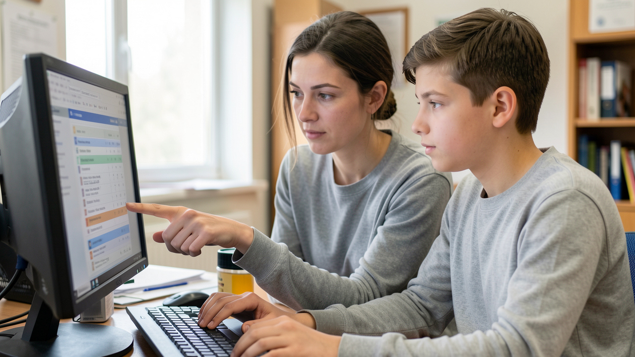 Un parent et un élève consultent ensemble des résultats sur un écran dans un bureau administratif, dans une ambiance calme et rassurante.