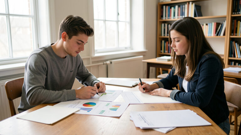 Un jeune homme et une jeune femme analysent des graphiques abstraits et des dossiers de candidature dans une salle d’étude lumineuse.