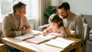 Un père assis à proximité d’une jeune fille qui fait seule ses devoirs sur une table rangée et lumineuse, dans une ambiance familiale réaliste.