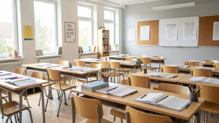 Salle de classe moderne et lumineuse, bien organisée, avec un mobilier scolaire varié et une ambiance studieuse et accueillante.