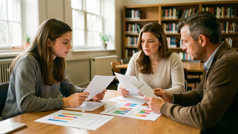 Une lycéenne échange avec sa mère et son père autour de fiches universitaires vierges et de graphiques visuels abstraits sur une table, dans une bibliothèque universitaire.