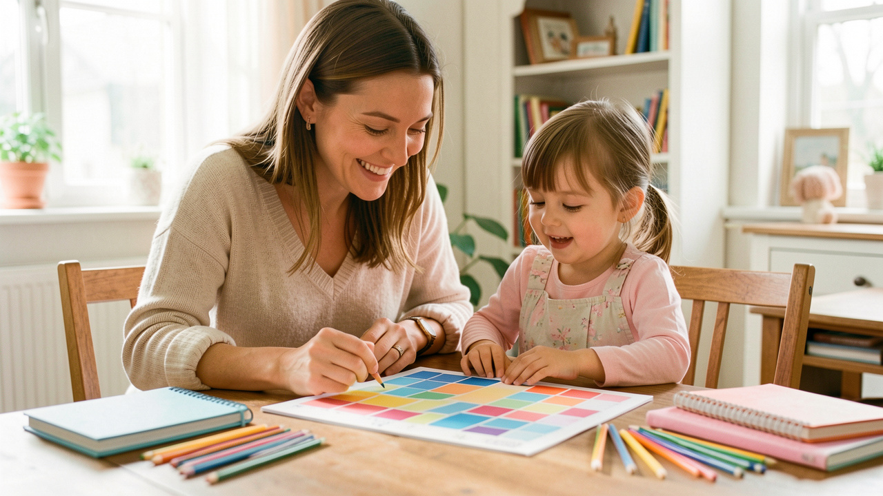 Une mère et sa jeune fille consultent un calendrier scolaire coloré sur une table, entouré de cahiers et de crayons dans une ambiance familiale lumineuse.