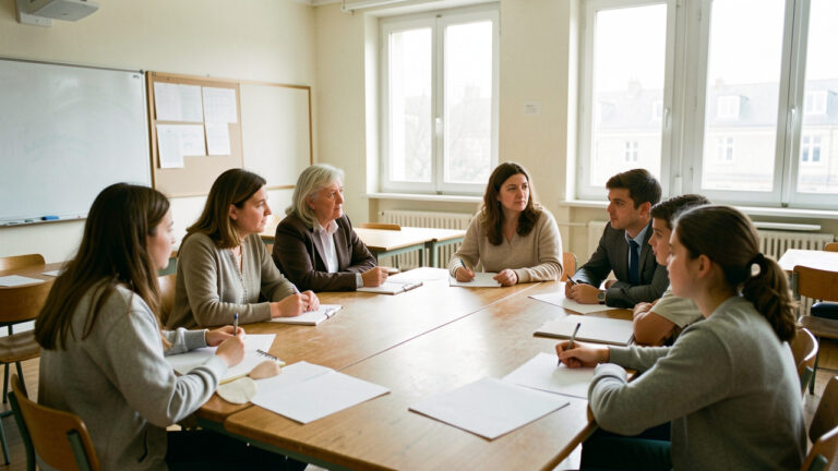 Réunion sérieuse et lumineuse d’un conseil de classe dans un collège français, avec parents délégués, enseignants et élèves assis autour d’une table.