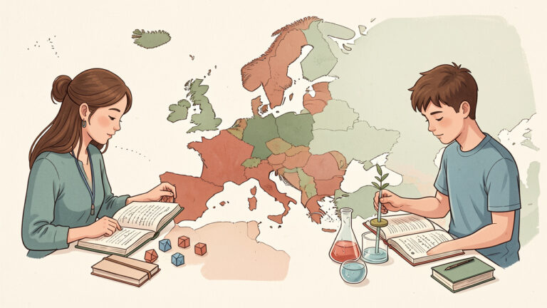 Illustration éditoriale sobre d’une carte de l’Europe entourée de trois élèves de 15 ans qui lisent, calculent et réalisent une expérience scientifique, dans des couleurs douces.