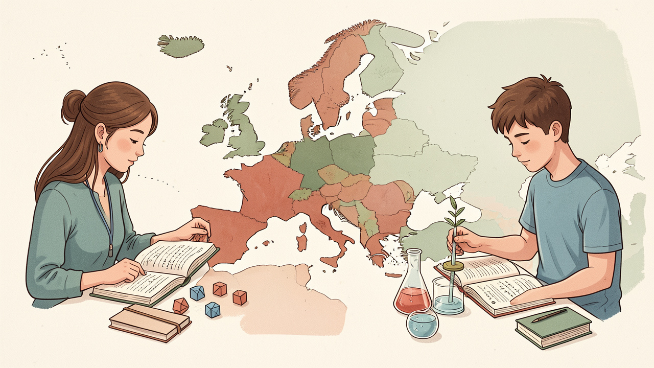 Illustration éditoriale sobre d’une carte de l’Europe entourée de trois élèves de 15 ans qui lisent, calculent et réalisent une expérience scientifique, dans des couleurs douces.