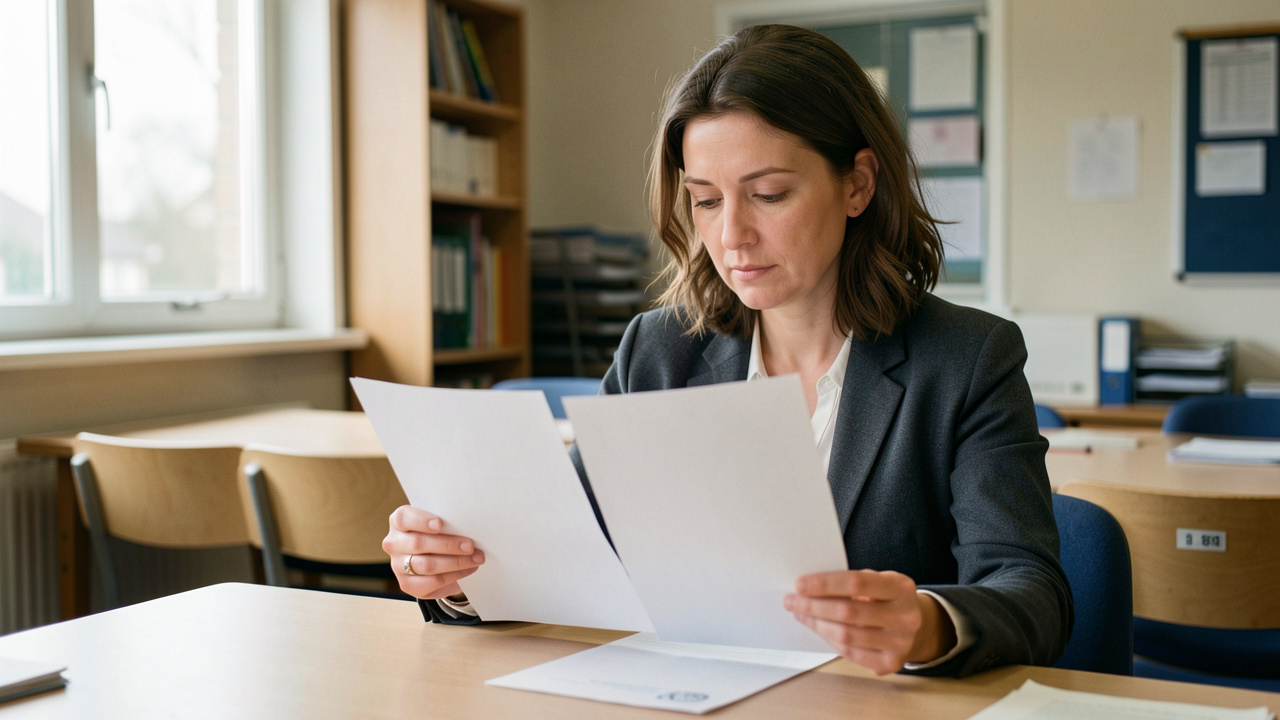 Enseignante du secondaire examinant deux documents vierges sur une table dans une salle des professeurs, dans un style de reportage réaliste.