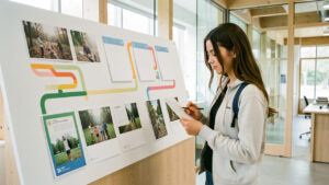 Jeune étudiante réfléchissant devant un panneau d’orientation abstrait, entourée de brochures vierges dans un espace éducatif moderne et lumineux.