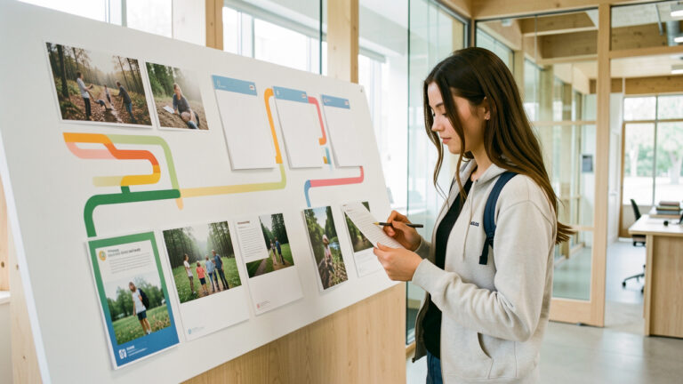Jeune étudiante réfléchissant devant un panneau d’orientation abstrait, entourée de brochures vierges dans un espace éducatif moderne et lumineux.