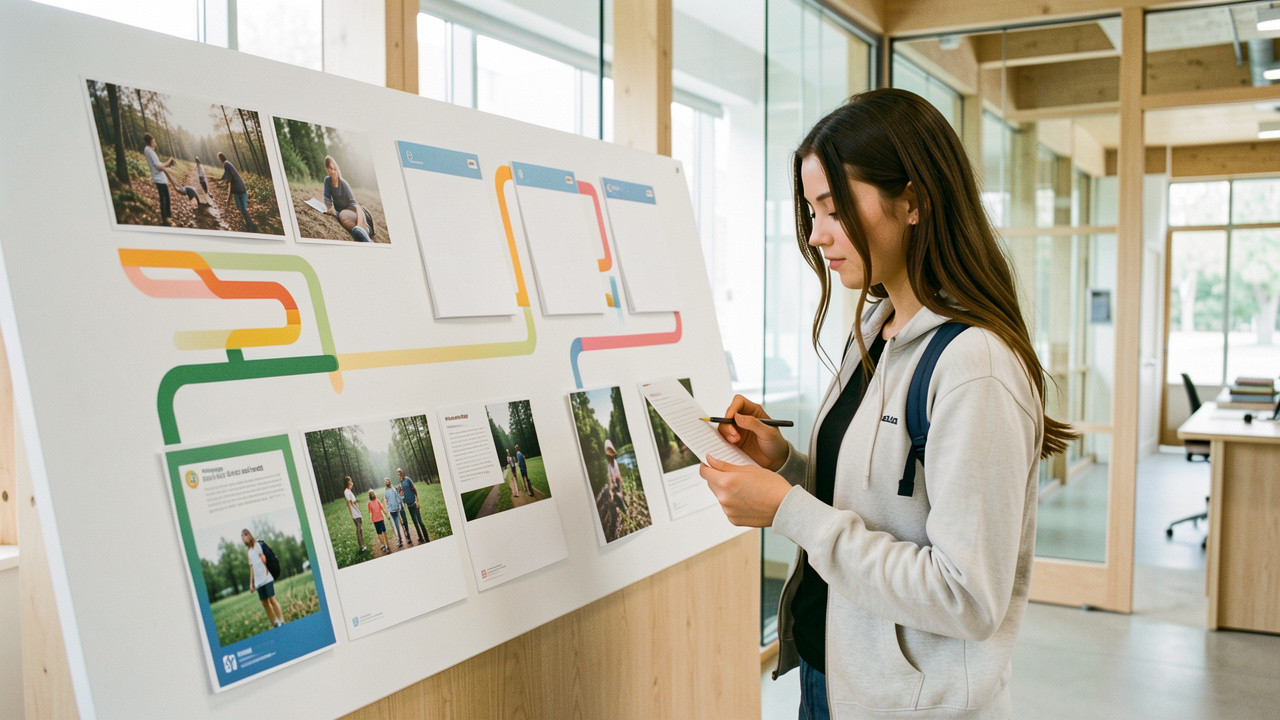 Jeune étudiante réfléchissant devant un panneau d’orientation abstrait, entourée de brochures vierges dans un espace éducatif moderne et lumineux.