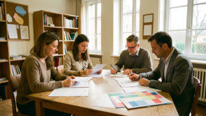 Salle des professeurs française où deux enseignantes et deux enseignants examinent des documents budgétaires vierges et des emplois du temps autour d’une table, sous une lumière naturelle.