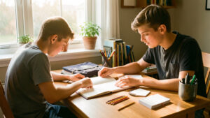 Un adolescent range soigneusement son bureau avec un agenda ouvert aux pages vierges, un sac scolaire et des cartes de liste vierges, dans une maison familiale lumineuse.