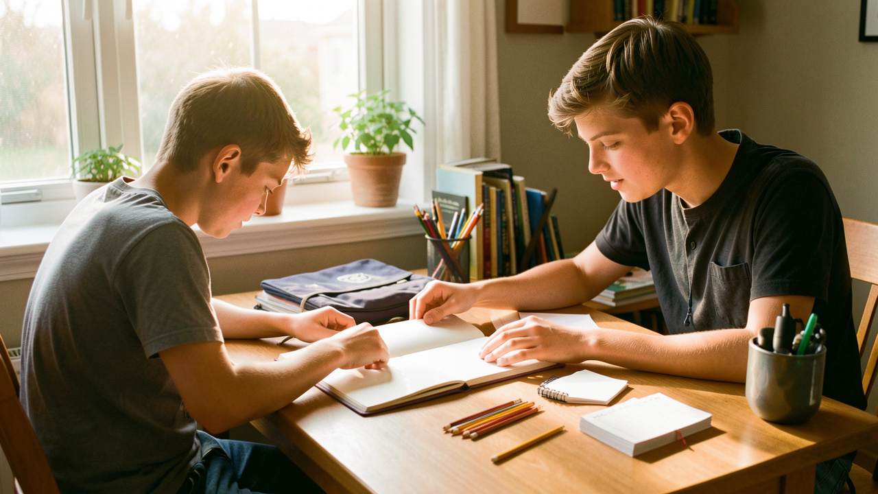 Un adolescent range soigneusement son bureau avec un agenda ouvert aux pages vierges, un sac scolaire et des cartes de liste vierges, dans une maison familiale lumineuse.