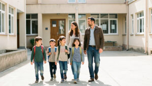 Des filles et des garçons réfugiés entrent dans la cour lumineuse d’une école publique, accompagnés par deux enseignants accueillants.