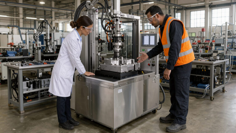 Une enseignante de lycée professionnel en blouse et lunettes de protection observe un procédé de fabrication avec un tuteur en entreprise dans un atelier industriel.