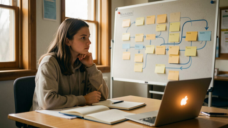 Jeune étudiante réfléchissant à son avenir devant un tableau d’orientation abstrait, avec des carnets ouverts et un ordinateur lumineux sur son bureau.