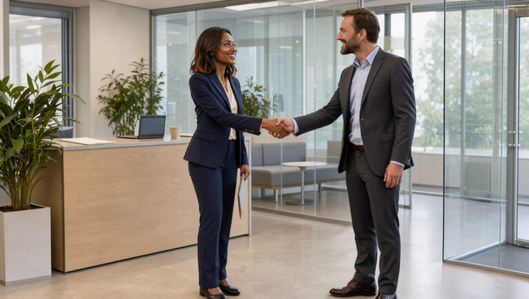 Une professionnelle de l’administration accueille chaleureusement un visiteur dans un bureau lumineux, moderne et décoré de plantes.