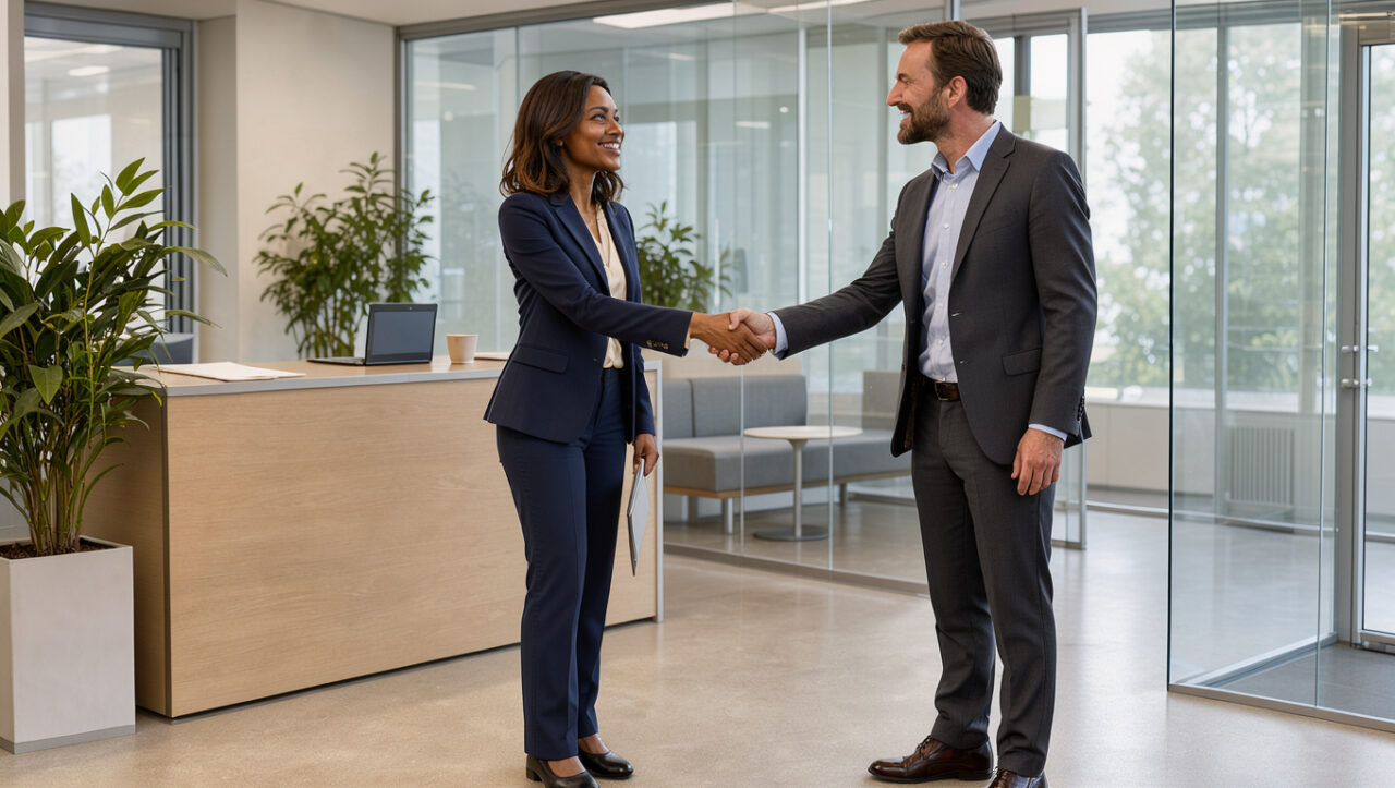 Une professionnelle de l’administration accueille chaleureusement un visiteur dans un bureau lumineux, moderne et décoré de plantes.