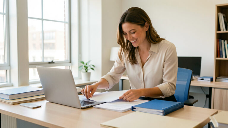 Une professionnelle administrative souriante organise des dossiers vierges et un ordinateur portable sur un bureau lumineux, dans une ambiance de formation et d’évolution professionnelle.